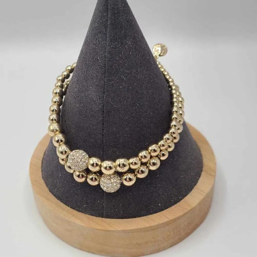 J Crew 2 Gold Tone Stretch Bracelets withβPave Crystal Ball NWOT!